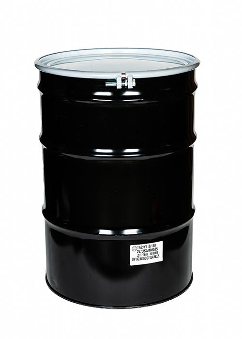 55 Gallon New Black Steel Unlined Open Head UN Rated Drum w/ Removeable Lid / Gasket Seal / Bolt Ring Closure
