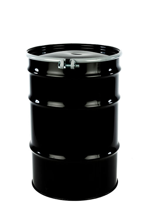 30 Gallon New Black Steel Unlined Open Head UN Rated Drum w/ Removeable Lid / Gasket Seal / Bolt Ring Closure & Two Bungs (holes)One 2” & One ¾”